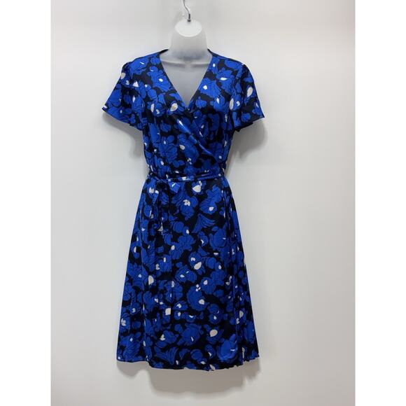 Banana Republic Women’s Wrap Blue White Floral Short Sleeve Dress Size Medium - Picture 1 of 7